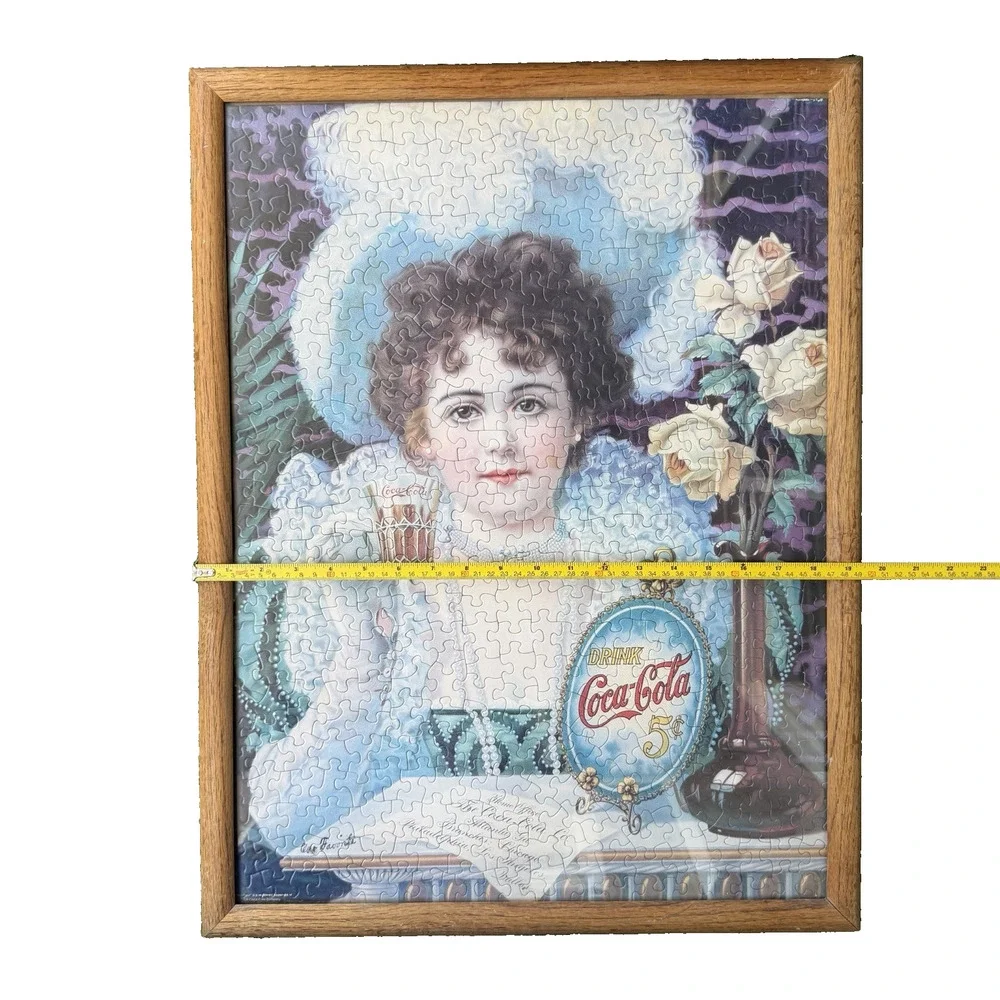 Vintage 1980s Coca-Cola Fountain Girl Jigsaw Puzzle Large Framed Portrait